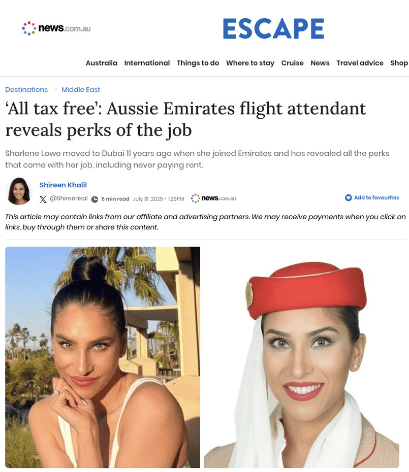news.com.au Escape article, an Aussie Emirates flight attendant reveals the perks of the job
