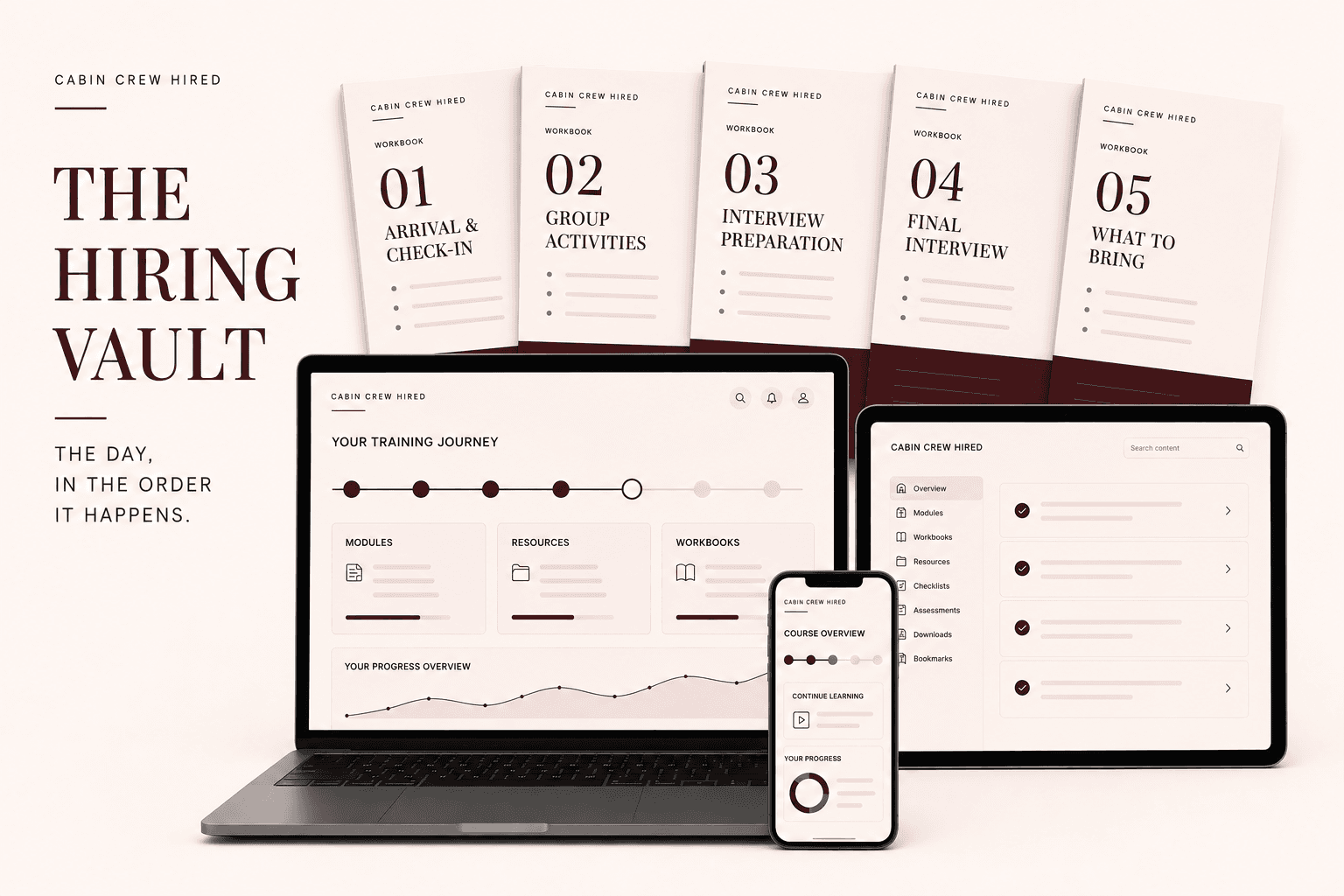 The Hiring Vault shown across a laptop, tablet, phone and five workbook covers