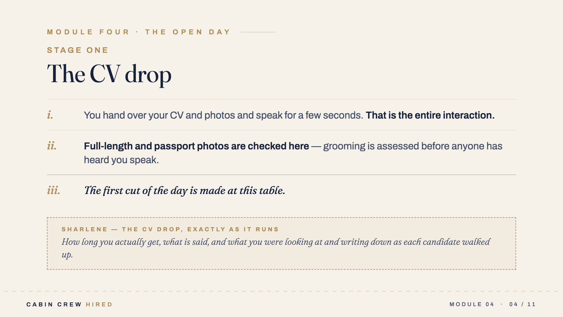 A slide from the Open Day module showing the stages of the day