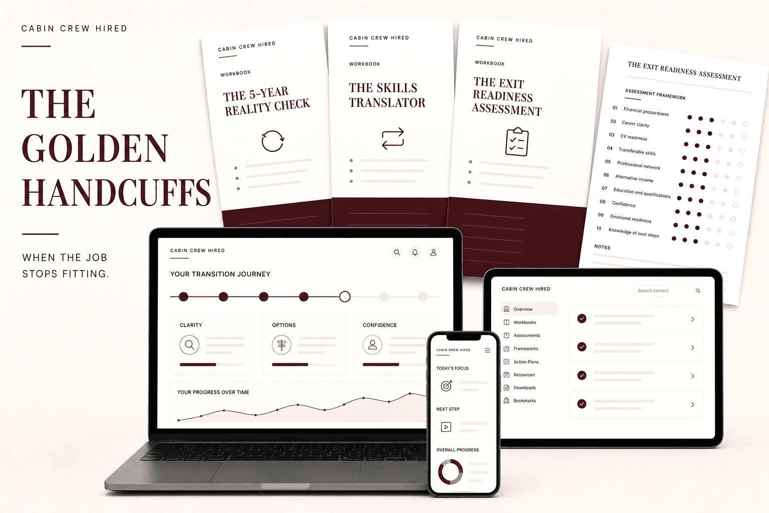 The Golden Handcuffs shown across a laptop, tablet, phone and its three printed workbooks